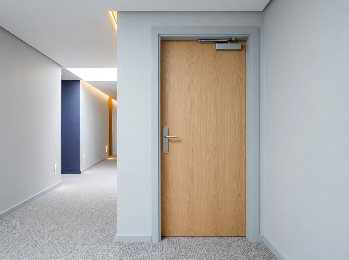 Porte coupe-feu en bois plaqué chêne dans le couloir d'un hôtel