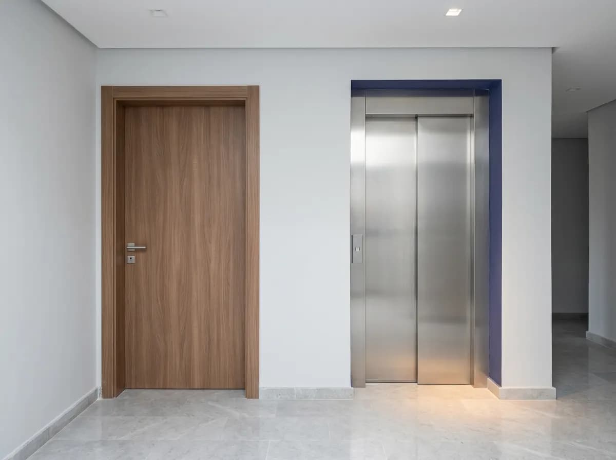 Porte palière coupe-feu d'appartement sur le palier d'un immeuble résidentiel